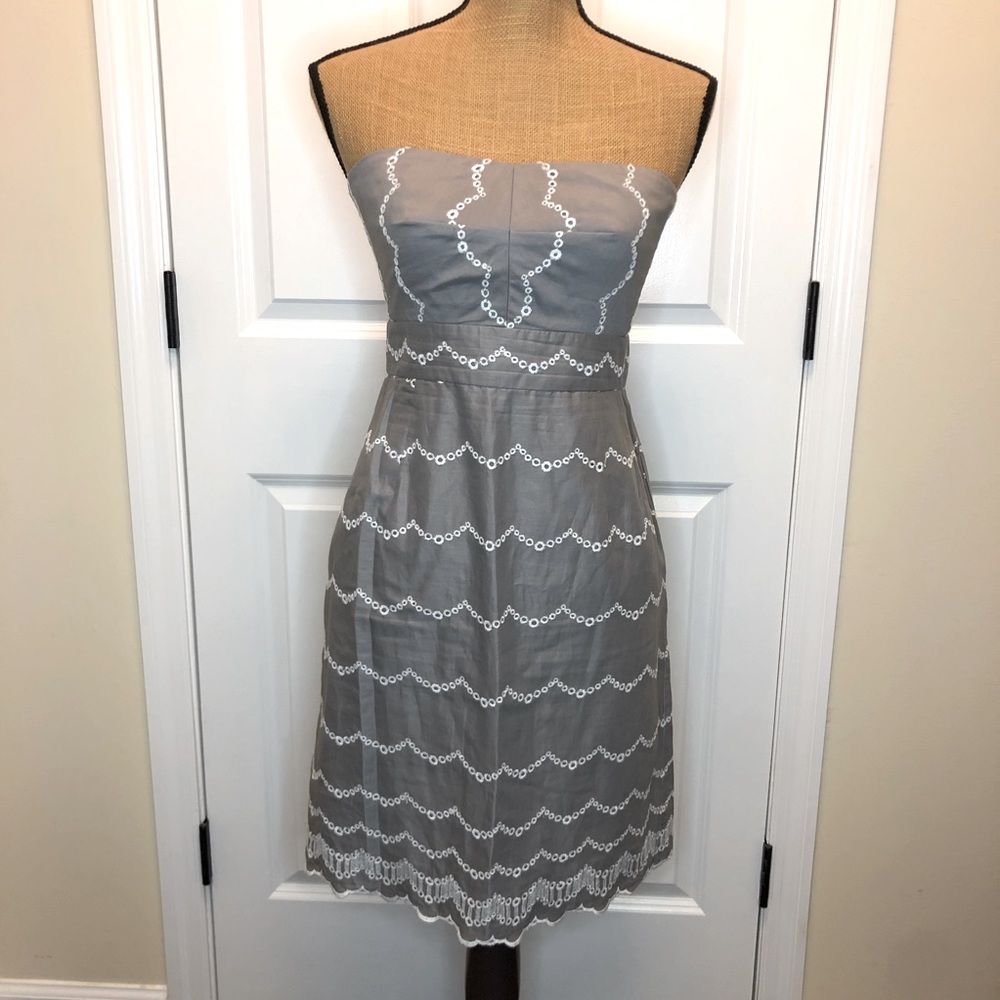 J. Crew Gray and White Eyelet Strapless Dress size 4